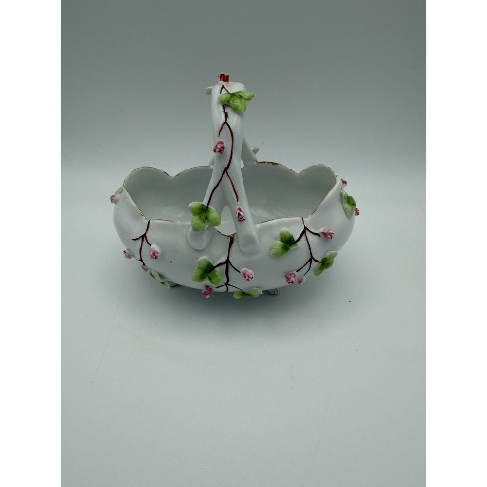 Antique German Kalk Porcelain Footed Bonbon Basket Applied Flowers M-341 5.25"